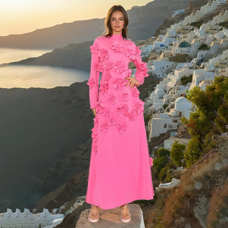 

European and AmericanThree-Dimensional Floral Patchwork New Stand Collar Long Sleeve Waist-Cinching Solid Color A Long Skirt