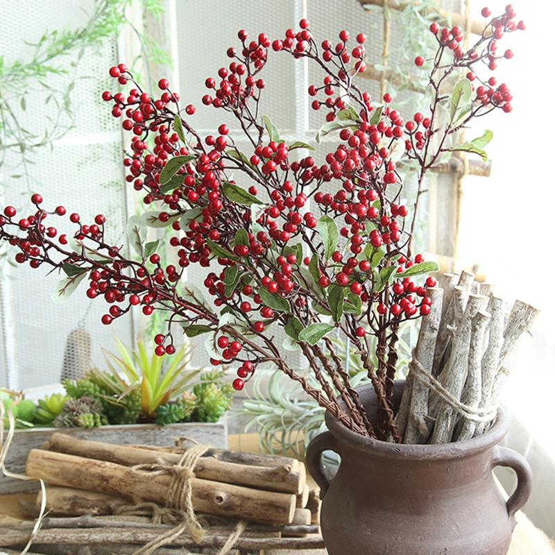 70CM Artificial Red Berries Branch Christmas Tree Ornaments Fake Holly Flowers Bouquet Foam Fruit Plant For Household DIY Decor