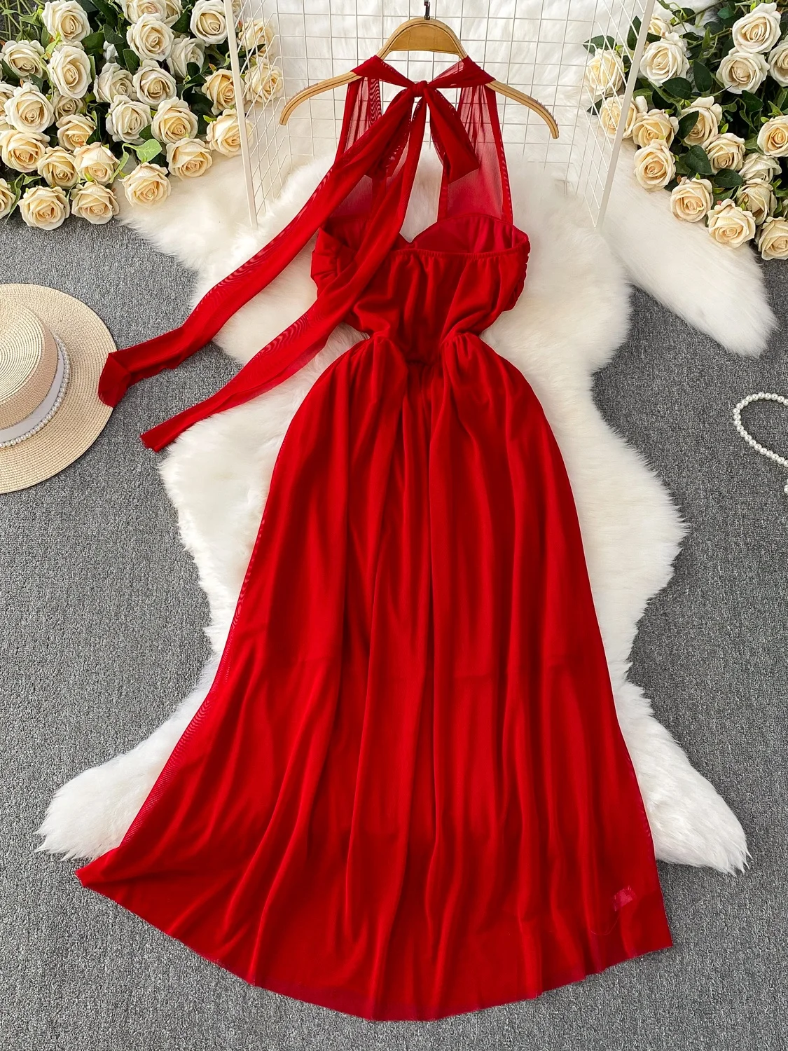 エレVネックウエストシェイプドセクシーハンギングネグランハイウエストAラインスカートサマーシーズンレディースドレス