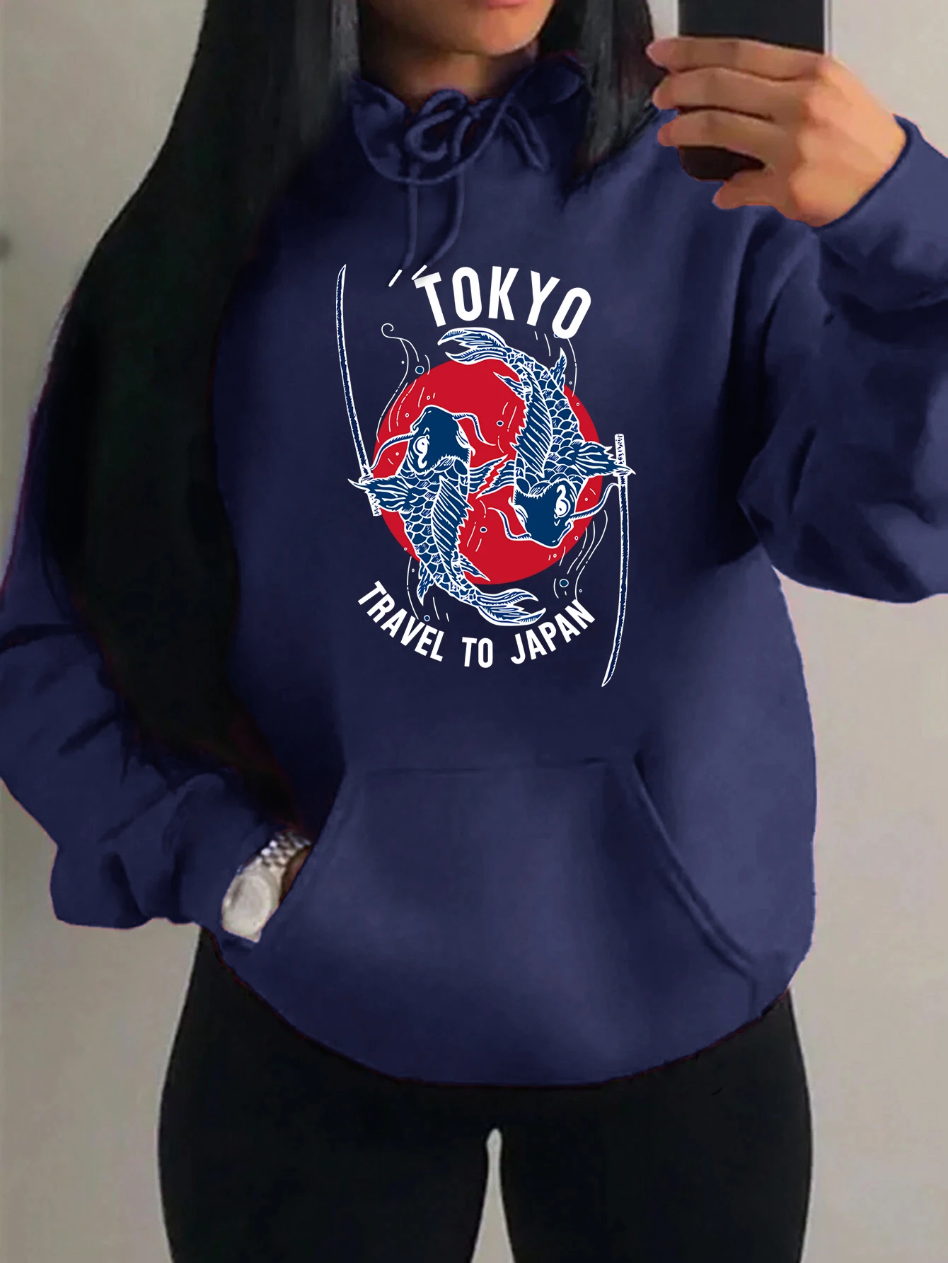 

Harajuku Fish Tokyo Travel To Japan Print Hoodies Women Fashion Fleece Pullover Creative Clothes Vintage Pocket Loose Hoody