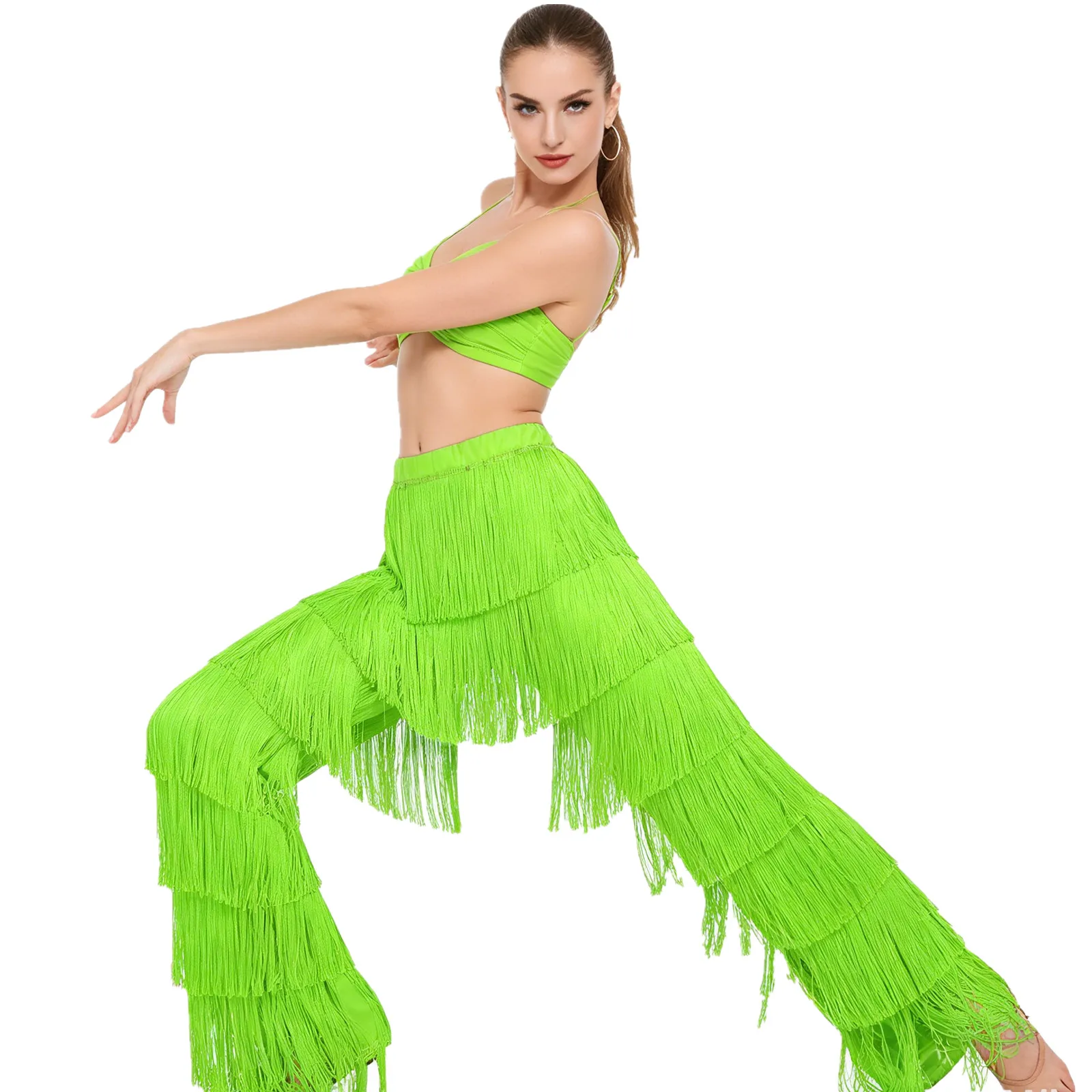 

Women Disco Latin Dance Tassels Pants Elastic Waist Contrast Color Trousers Dancewear for Ballroom Cha-cha Tango Rumba Samba