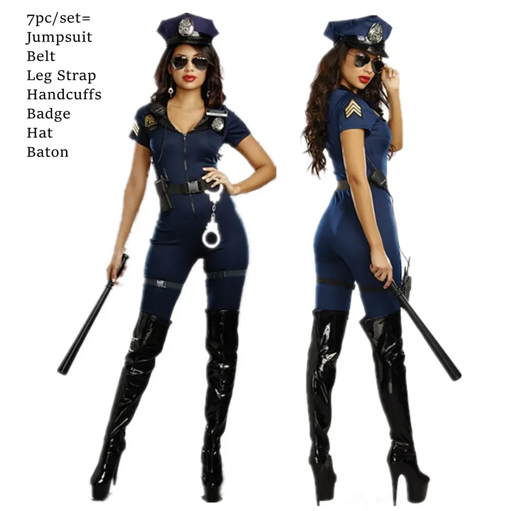 7Pc/Set Adult Women Blue Zipper Jumpsuit Police Costume Sexy Female Cop  Officer Uniform Outfit Halloween Cosplay Fancy Dress Up - AliExpress