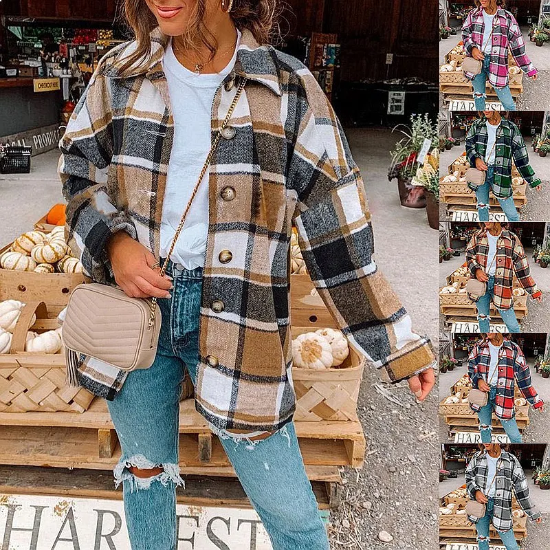 Women Plaid Shirt Blouse Top Loose Casual Oversized Coat Spring Summer