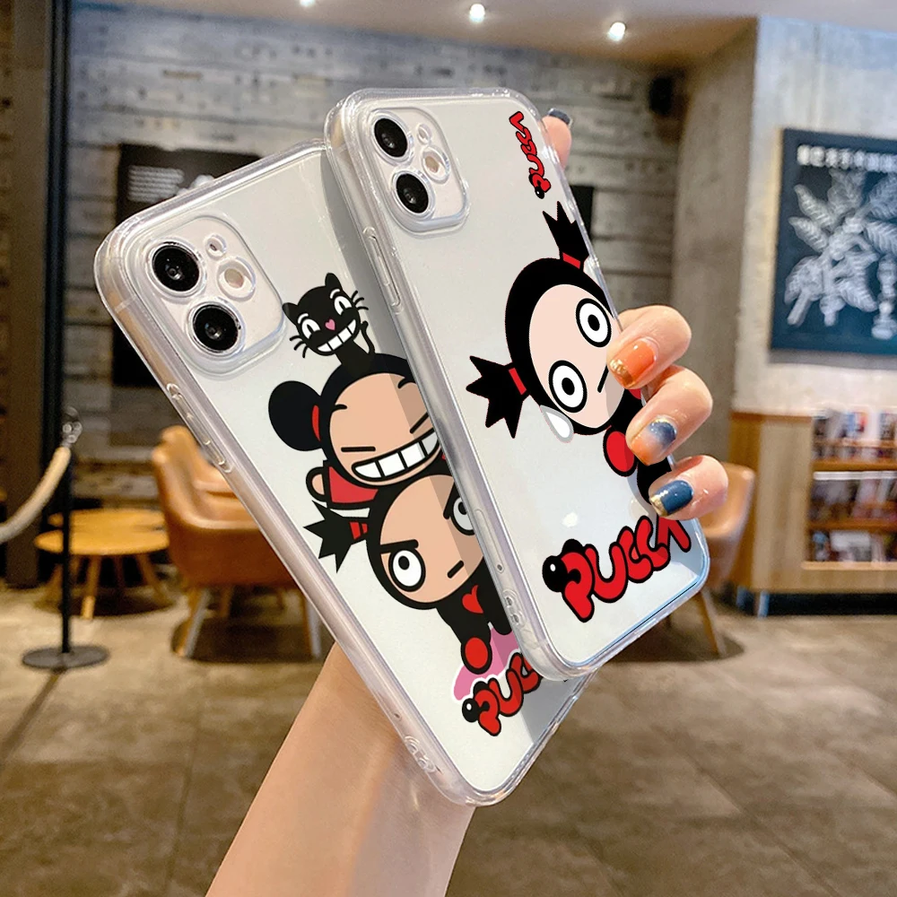 For IPhone 14 PRO Fashion Cute Cartoon Pucca Phone Case for IPhone 13 11 12 Pro XR XS MAX 8 X 7 14 Plus Transparent Delete Cover