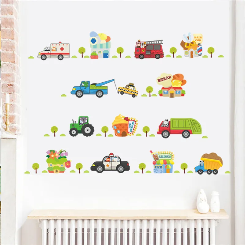 Cartoon Cars Tractor Truck Wall Stickers For Kids Bedoom Home Decoration Diy Baseboard Mural Art Pvc Decals Traffic Posters