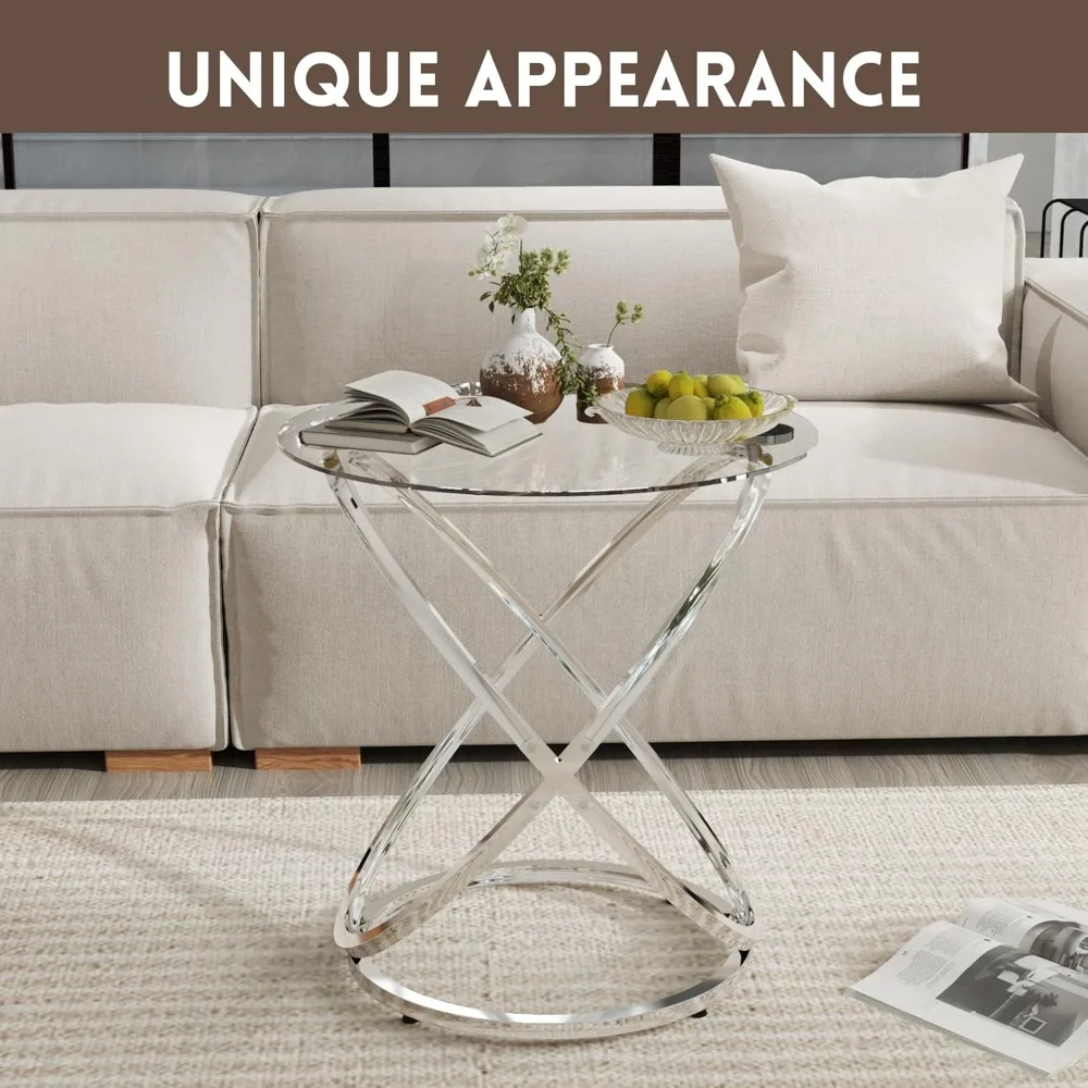 커피 테이블, 링 실버 메탈 프레임이 있는 모던 엔드 테이블, 장식용 원형 유리 커피 테이블, 작은 실버 커피 테이블