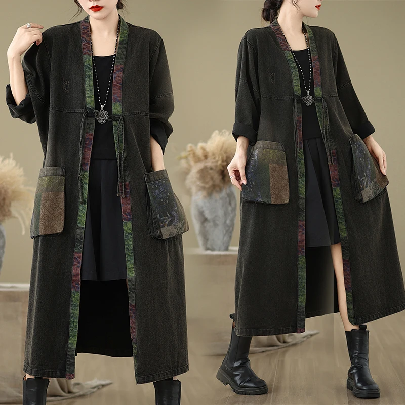 

Color Blo Print Denim Sle Coat Large Size Women's Faionable Autumn Winter Long Open Cardigan Top Versatile Retro Loose Fit