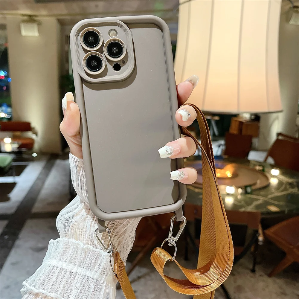 Crossbody Lanyard Thick Silicone Soft Phone Case For iPhone 16 14 13 15 Pro Max 12 11 X XR XS 7 8 Plus Shockproof Frosted Cover