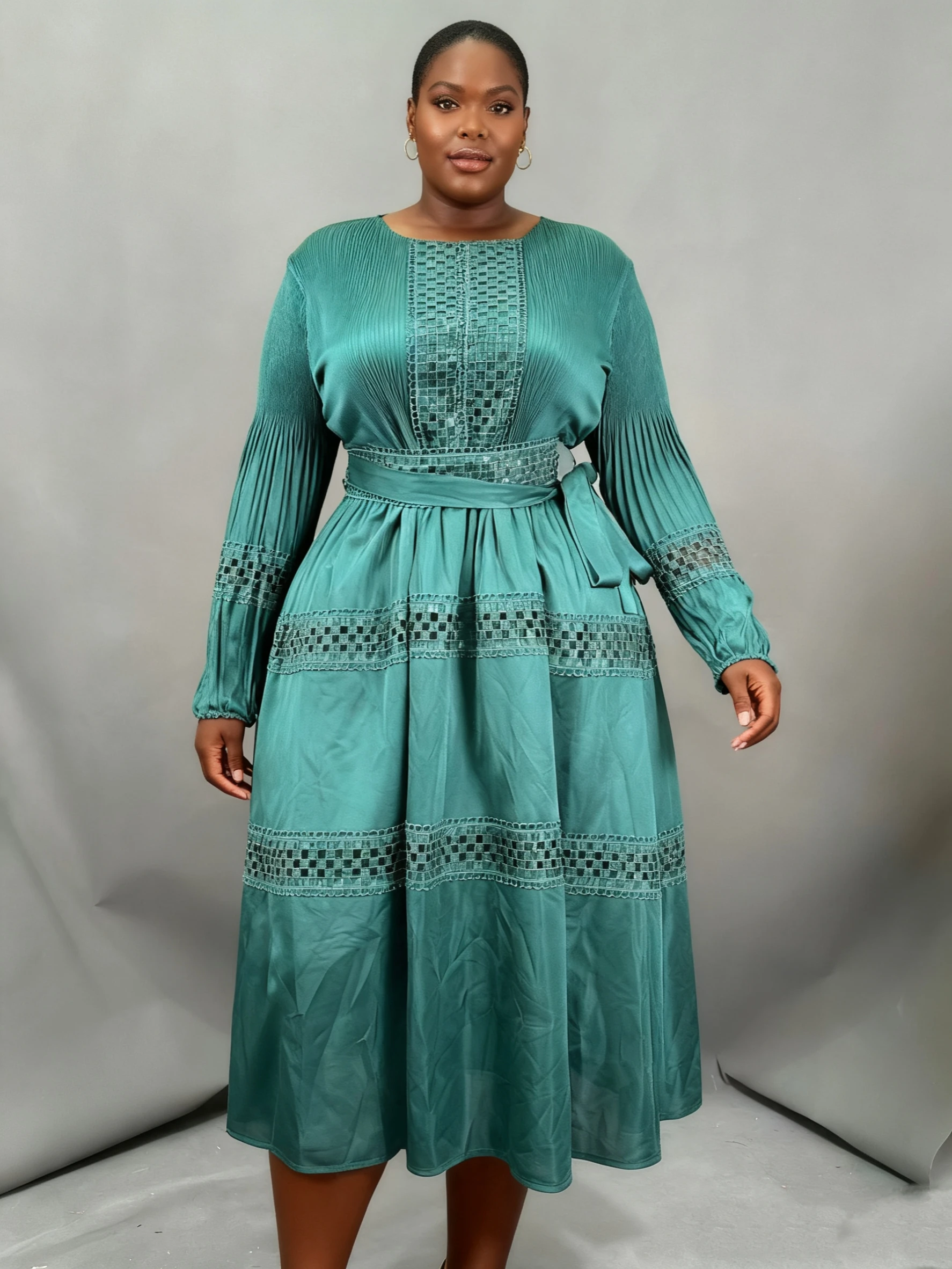 

Plus-Size Miyaki Pleated Long-Sleeve High-Elasticity Round-Neck Lace Sequin Hollow-Out Midi Dress, Popular in Africa, Suitable for Commuting, Daily Wear, Home, Elegant and Socialite Style