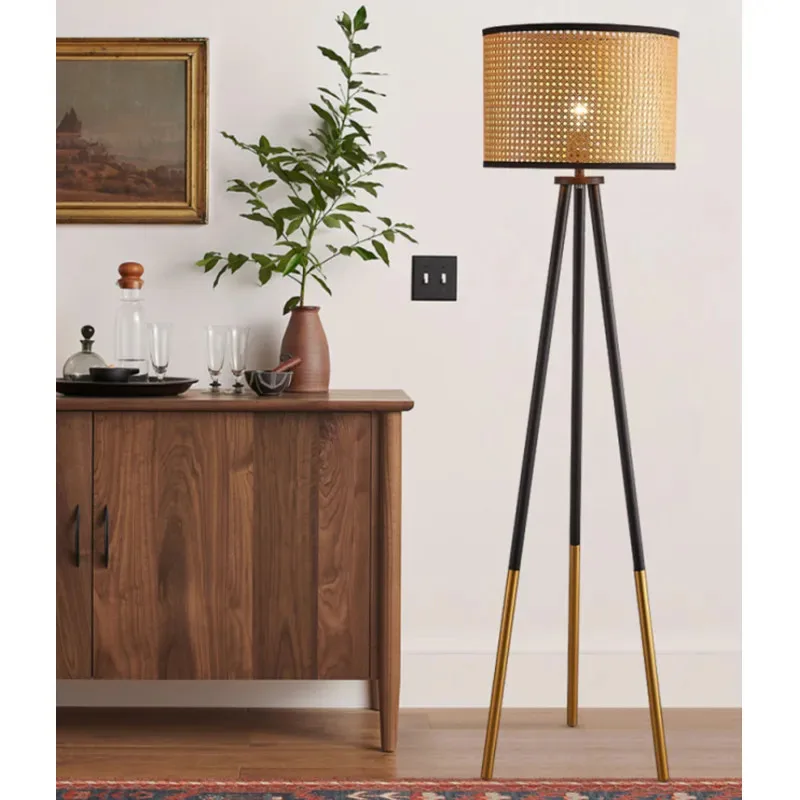 

Handmade Rattan E27 Led Floor Lamps for Living Room Sofa Standing Lamp Study Bedroom Remote Control Dim Bedside Lights