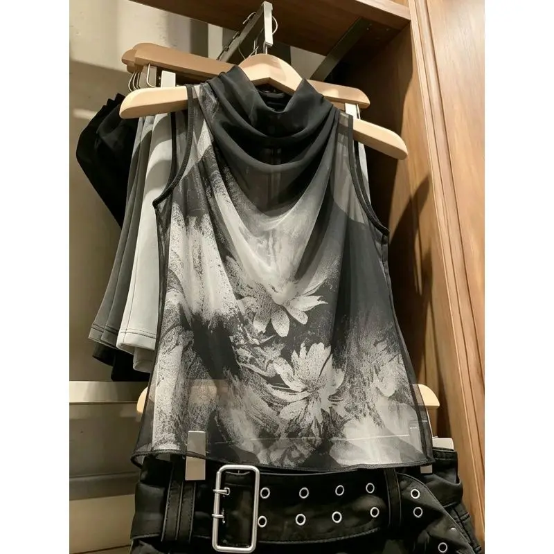Elegant Vintage Water-Media Print Sleeveless Vest Women's Fashion Slimming Commute Outerwear Inner Match Backless Top
