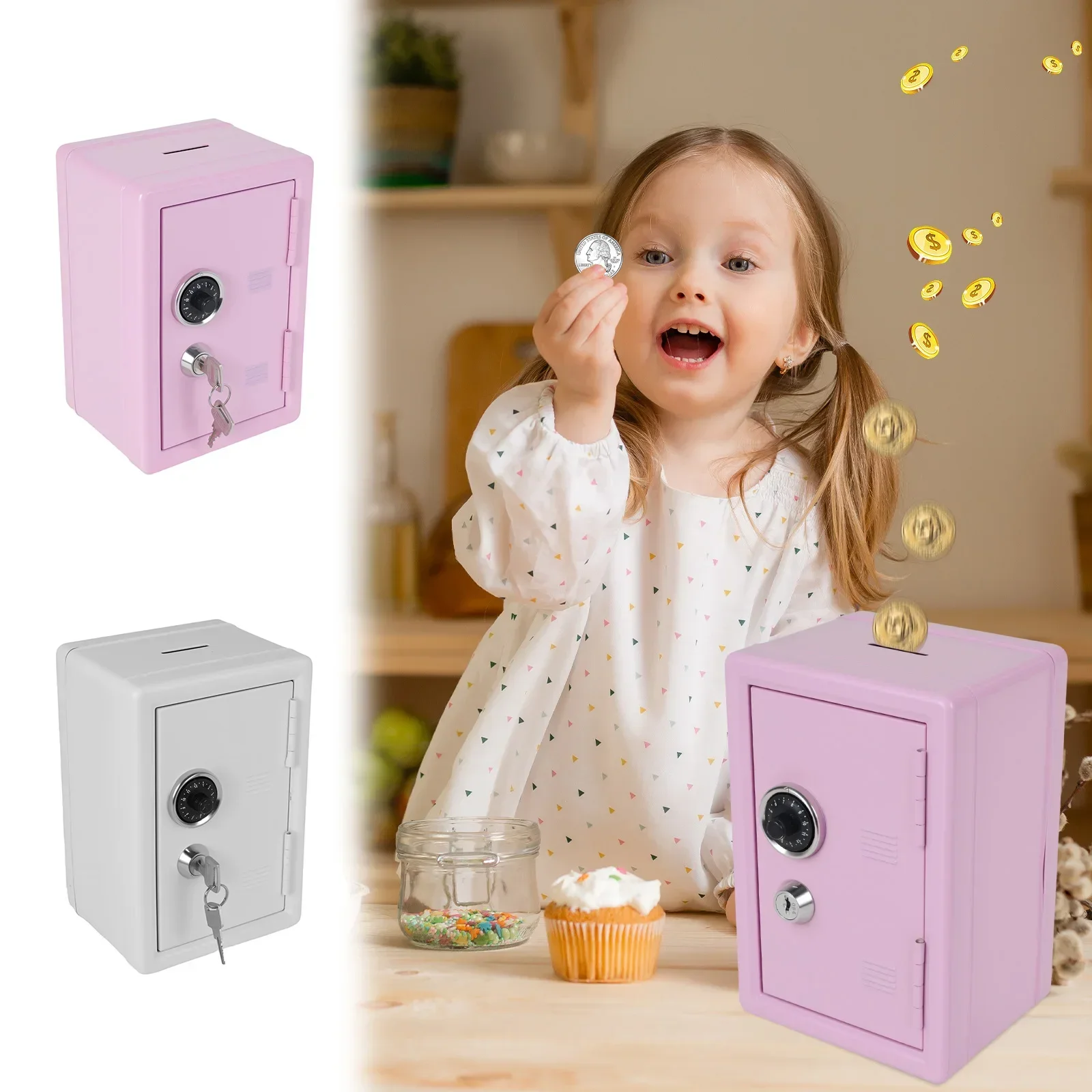 Children's Mini Money Storage Box Metal Lock Safe Box Desk Banknote Coins Storage Box with Lock for Home Money Cash Jewelry