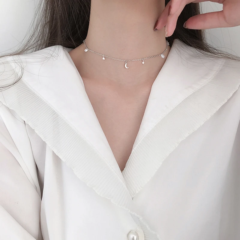 2024 925 Sterling Silver Shiny Zircon Moon Star Choker Pendant Charm Long Chain CZ Crystal Necklace Women Wedding Fine Jewelry