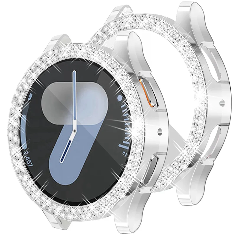 For Samsung Galaxy Watch 7 Case Electroplating Single And Double Row Drill Hard 44Mm Protective Shell Silver