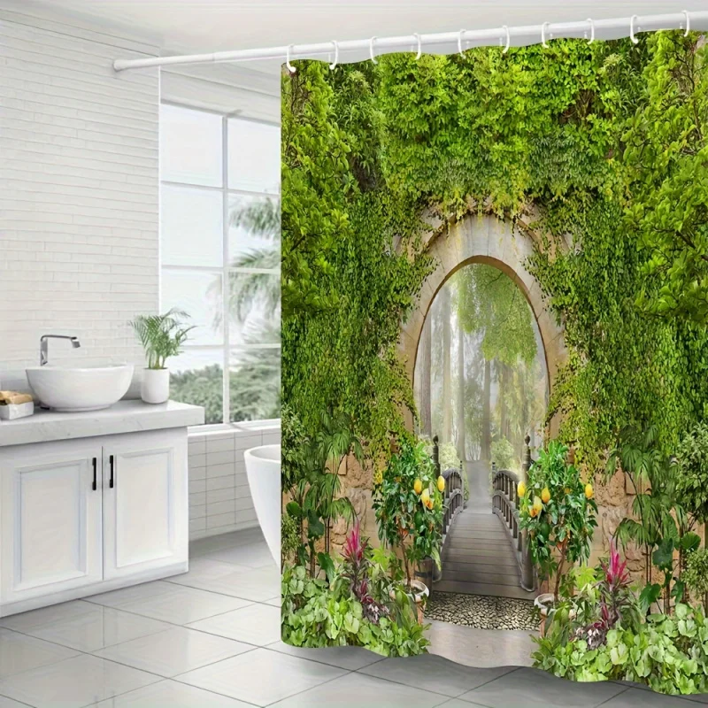 1pc Nature Inspired Shower Curtain, Spring Scenery With Stone Arch Wooden Bridge Greenery Leaves Vines, Outdoor Landscape Patter