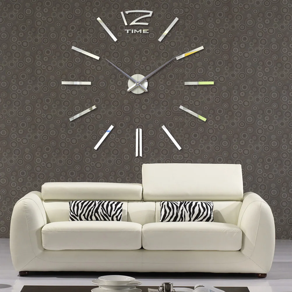 

3D DIY Wall Clock Modern Large Frameless Mirror Wall Stickers Clock for Home Living Room Bedroom Decoration (Silver)