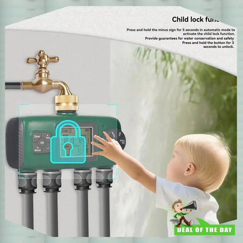 

24-часовой таймер подачи воды с латунным входом, поворотная ручка управления, ЖК-экран, задержка дождя, замок от детей, садовый спринклер, 4-у