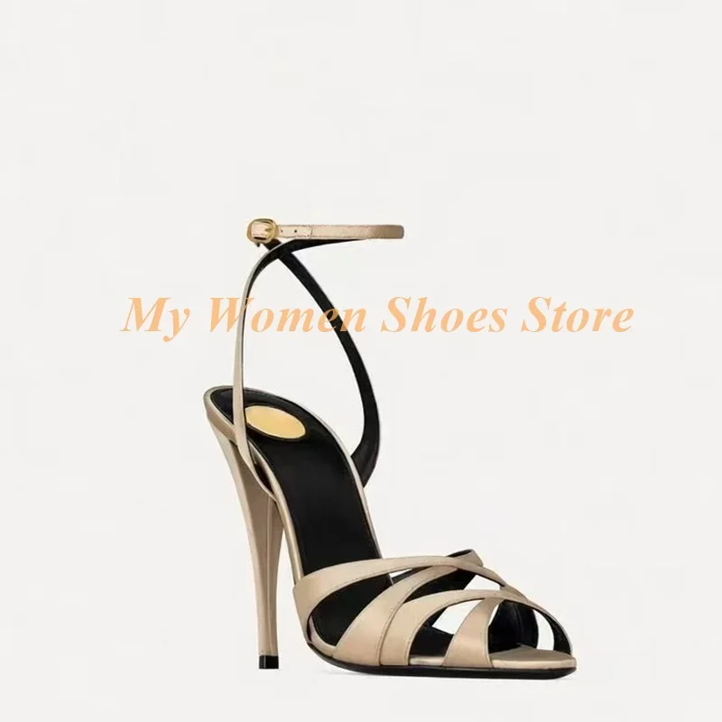 Cross Strap Open Toe Sandals Ankle Buckle Strap Stiletto Thin High Heel Cut Out Orange Champagne Satin Custom Made Women Shoes - view 3