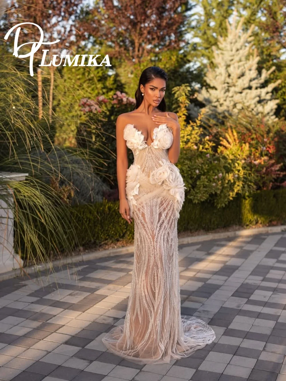 Exquisite 3D Floral Pearl Wedding Dress 2026 Romantic 3D Floral Bridal Dress Charming Sleeveless Bridal Gown For Wedding Party C