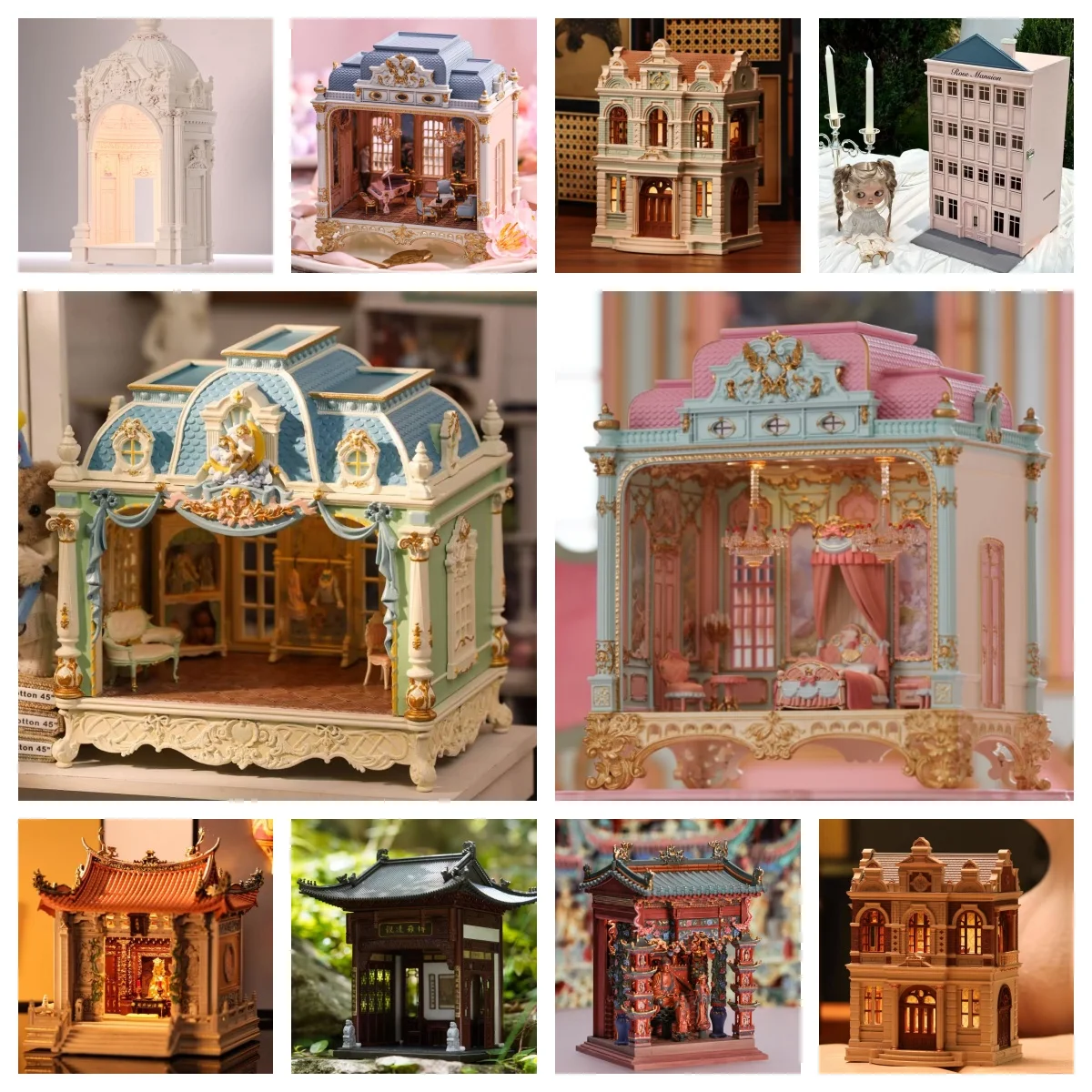 Rococo Mini DollHouse Chinese Style Portable DollHouse Miniature Palace Model Home Decoration Item Night Light Decorative Gift