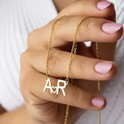 Stainless Steel Customized Golden Capital Two Letter Love Heart Pendant Necklace  For Women Jewelry Best Valentine's Day Gift
