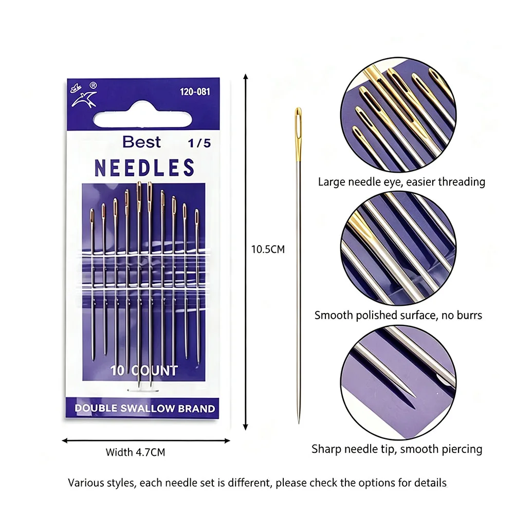 Double Swallow Brand Gold‑Tail Hand Sewing Needles, Premium Embroidery Needles, Large Eye Steel Needles