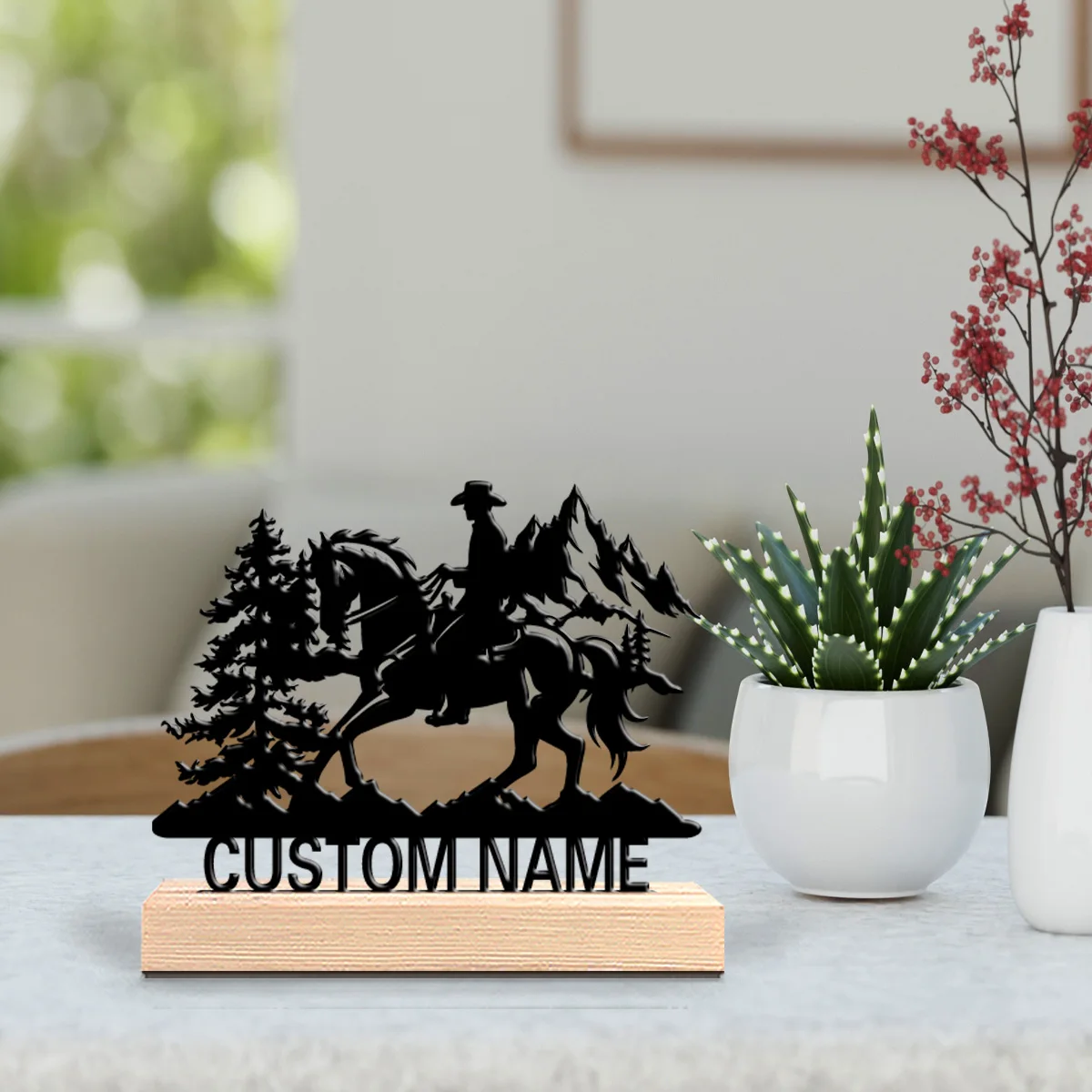 1pc Weird Personalized Custom cowboy Metal Statues Modern Wooden Base Desk Sculpture for Nature Lovers Cabin Office Minimalism