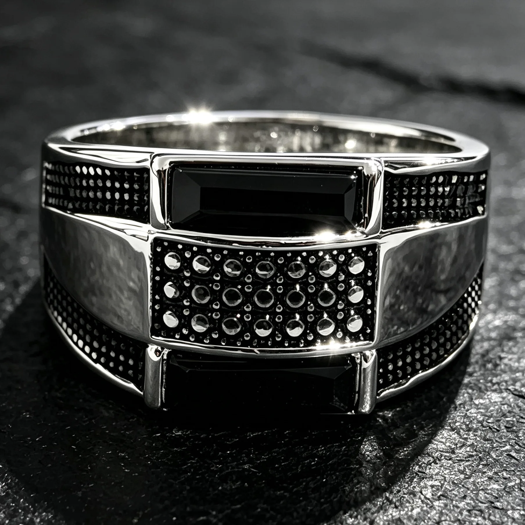 Fashion Square Black Pave Wide Statement Men's Ring, Hypoallergenic Urban Street Fine Jewelry, Unique Anniversary Birthday Gift