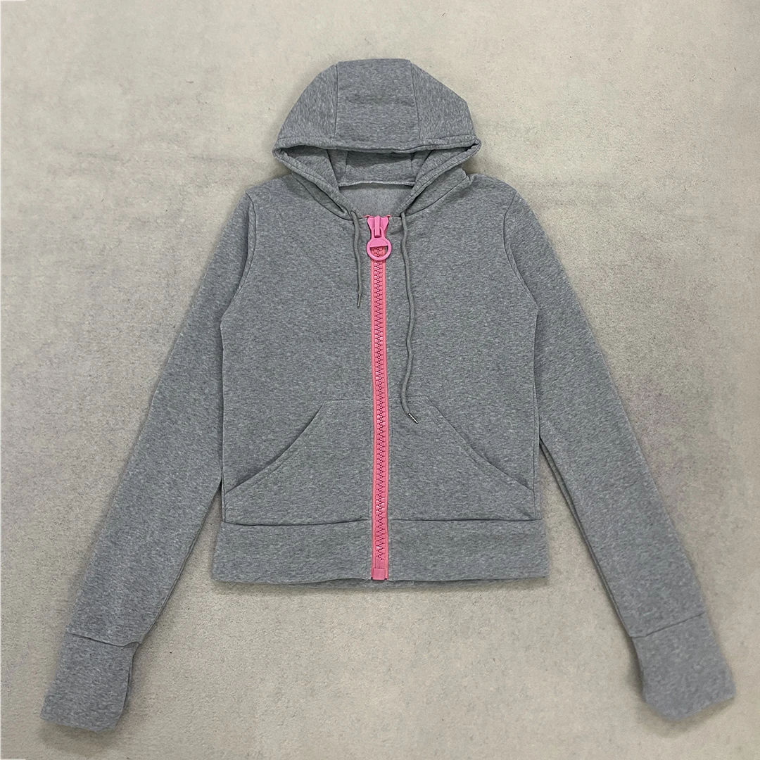 Damen Frühlings- und Herbst-Streetwear Einfarbiger Großer Ring-Zipper Weitgezahnter Reißverschluss Kapuzen-Cardigan Hoodie Gothic Y2K Casual – Detail 7