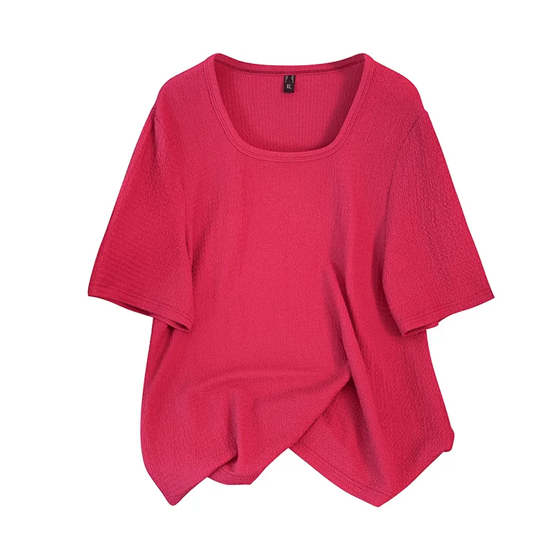 Plus size, unique temperament top, chubby mm, oversized loose square neck, front shoulder and belly covering T-shirt 3360