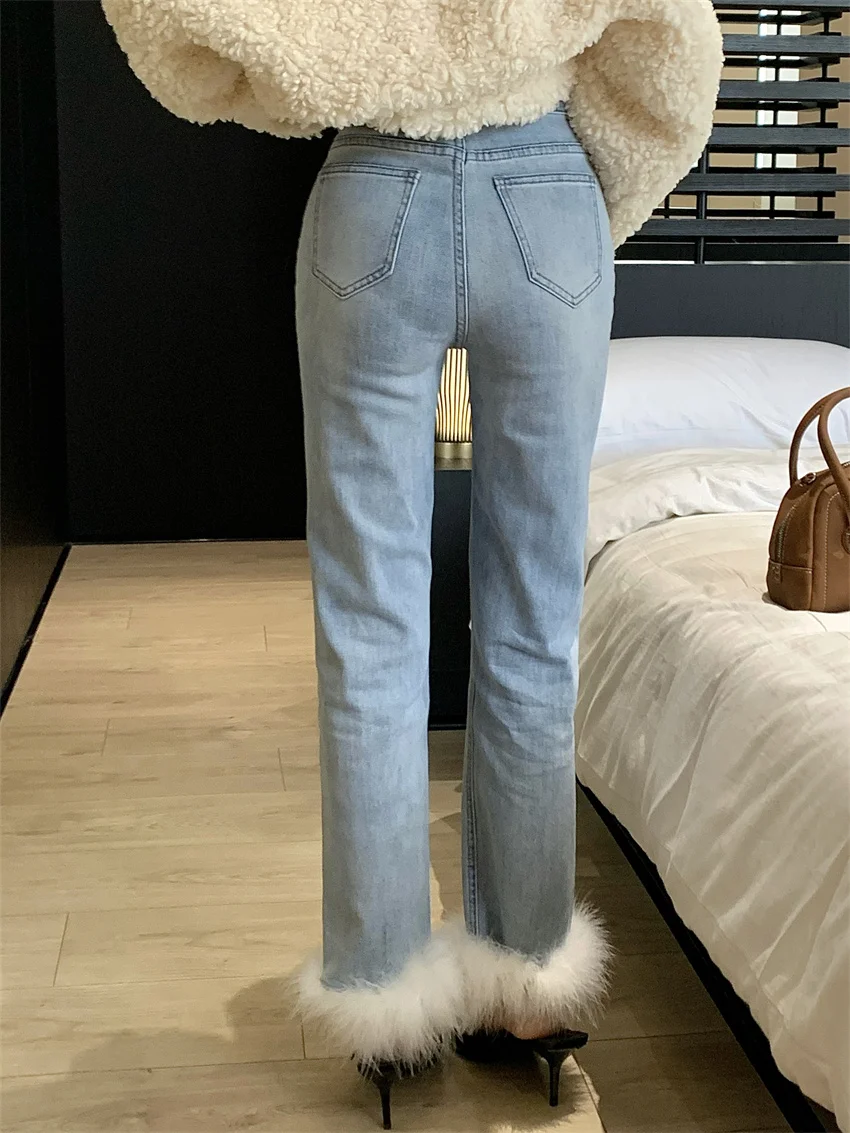 Alien Kitty Light Blue Jeans Women Patchwork Feather Autumn Slim Chic New Arrival Straight Office Lady High Street Gentle Denim