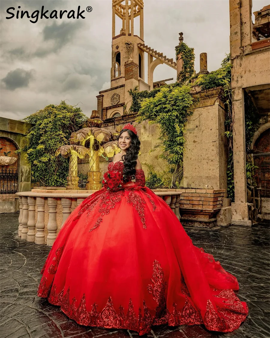 

Red Bell Sleeves Quinceanera Dress 2025 Bead Sequins Crystals Appliques Birthday Party Prom Dress Vestidos 15 Años Customized