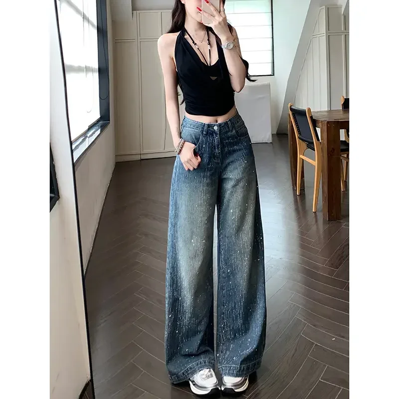 Women’s spring Autumn Rhinestone Wide Leg Jeans High-Waisted Baggy Denim Trousers Heavy Duty Sparkly Y2K Pants