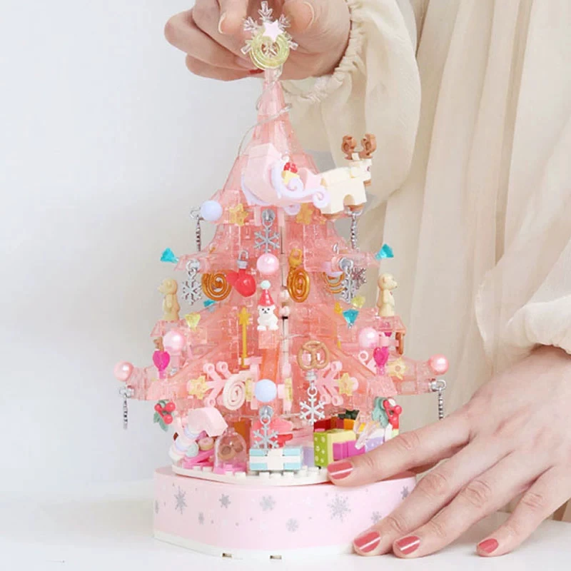 SEMBO Building Block Pink Crystal Christmas Tree Building Blocks  Light Music Box Assembly Bricks Toys for Girls Friendsgift