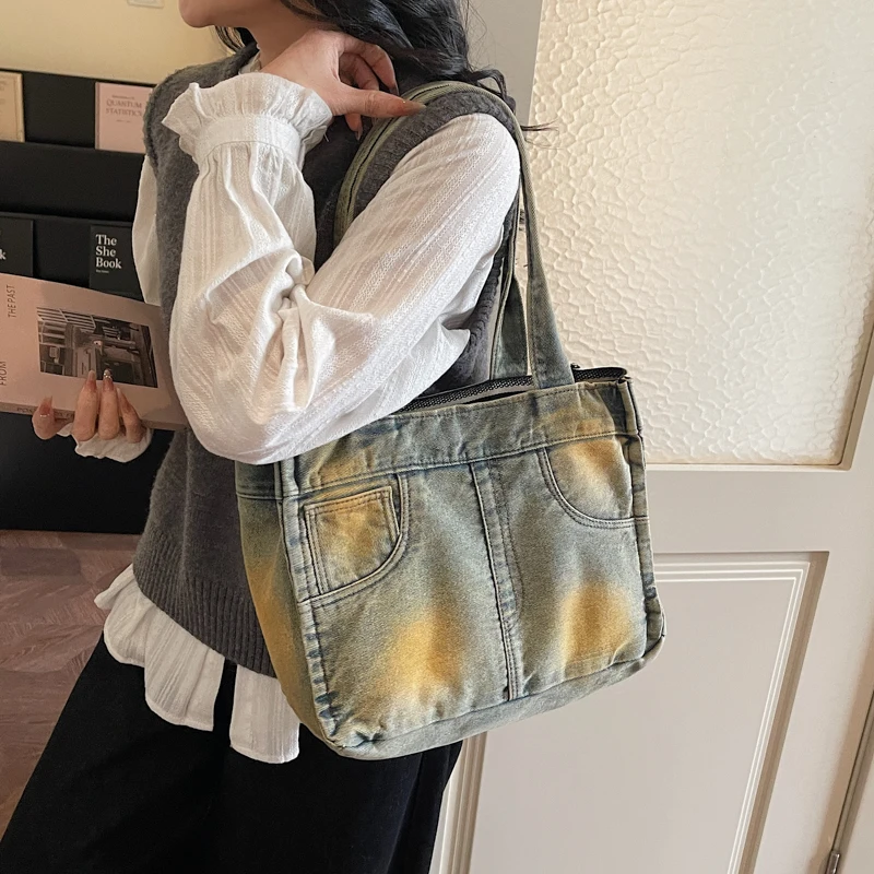 

Vintage Faded Washed Denim Shoulder Tote Bag for Women, Large Capacity Casual Retro Hobo Handbag for Daily Work Travel Shopping