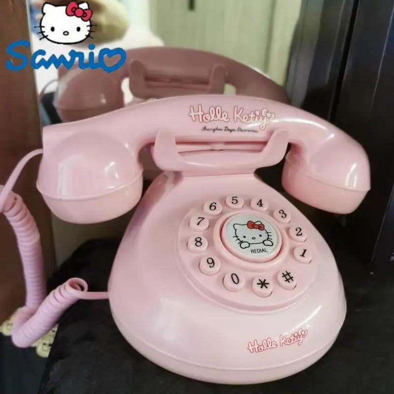 Anime Sanrio Kawaii Antique Corded Landline Telephone Hello Kitty Pink Creative Cute Retro Without Battery Birthday Gift