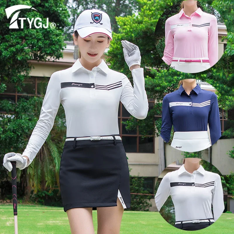 

TTYGJ Women Long Sleeve Golf Polo Shirt Ladies Quick Dry Sunscreen T-shirt Girls Breathable Stripe Sport Tops Casual Apparel