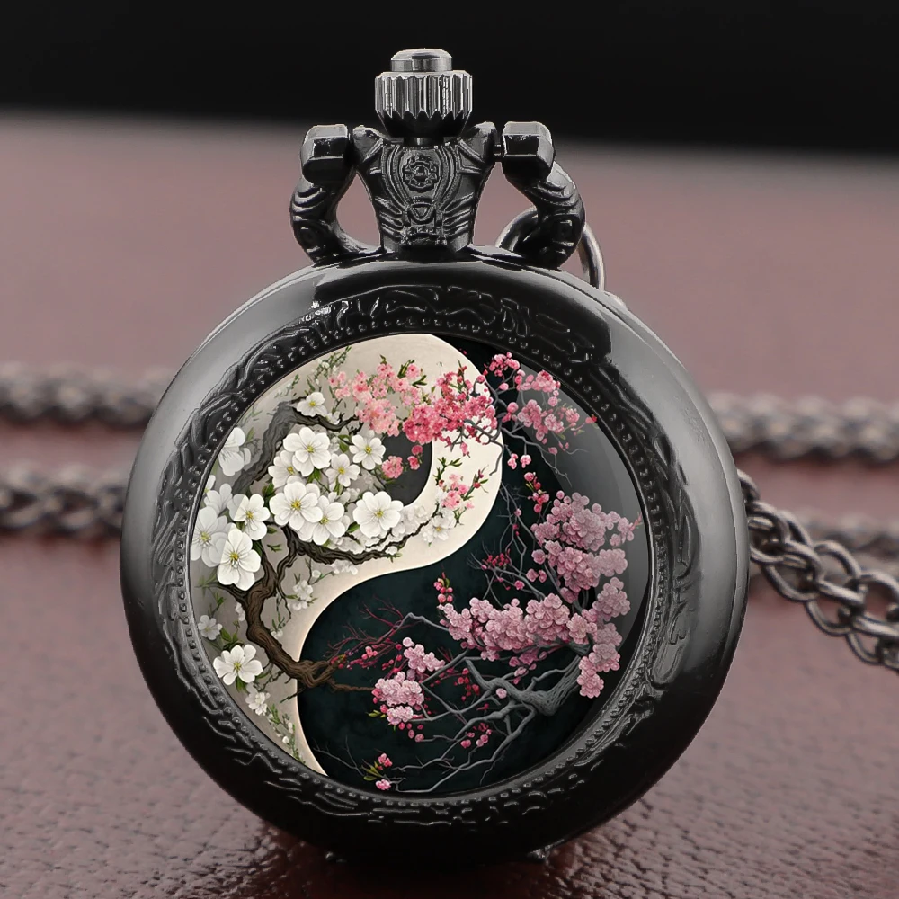 

Oriental Rhythm Yin Yang Plum Blossom Pocket Watch Quartz Pocket Watch Vintage Men Women Necklace Pendant Clock Gifts for Kids
