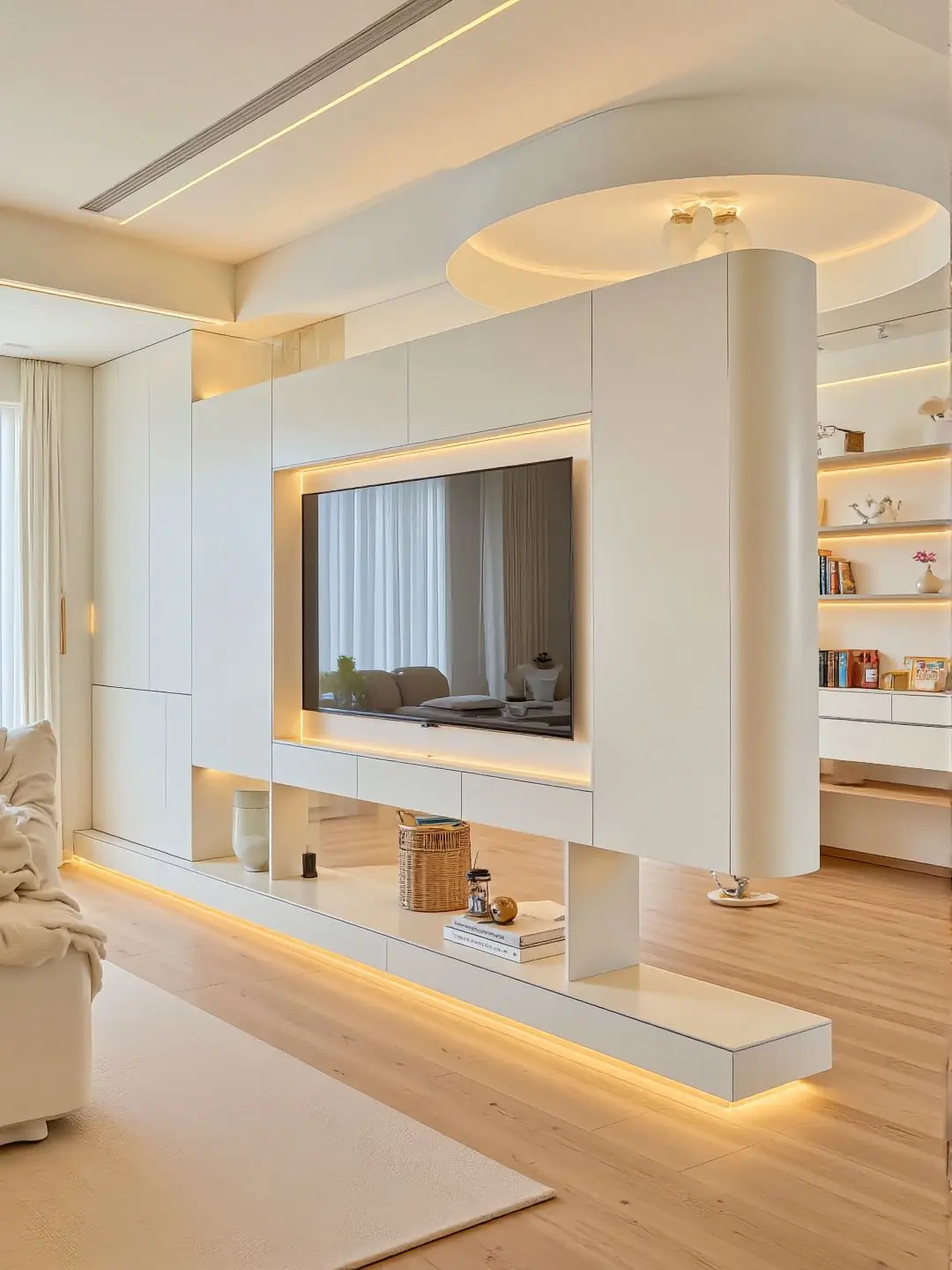 ^Customized Solid Wood Whole-House Panel Slab Door Living Room TV Cabinet Integrated Adjustable Height Modern Design