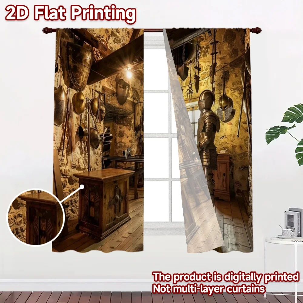 2D flat 2pcs Curtain Vintage drapes and curtains Medieval Armor Room Durable polyester fiber Festive Holiday Perfect for Photo