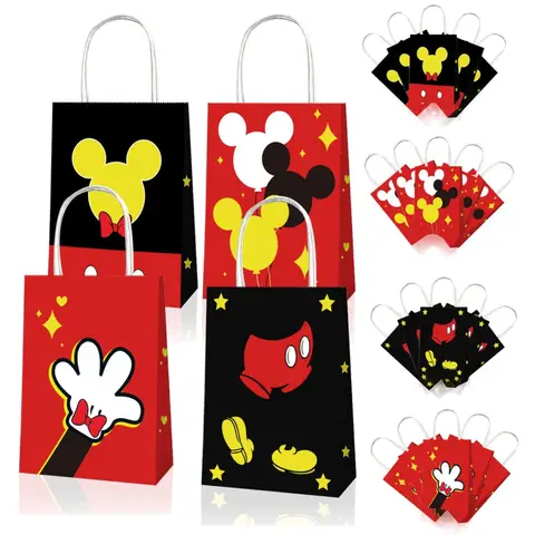 12pcs Mickey Minnie Mouse Birthday Party Decorations Handle Gift Bags Sets Paper Candy Pocket Baby Shower Kids Party Supplies
