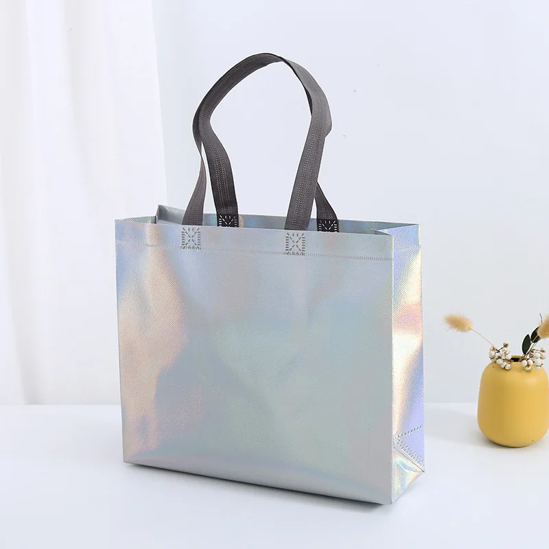 6pcs Laser Silver Tote Bags Rose Gold Grocery Bag Reusable Gift Bag Waterproof Non Woven Shopping Bag Wedding Gift Packing Bag