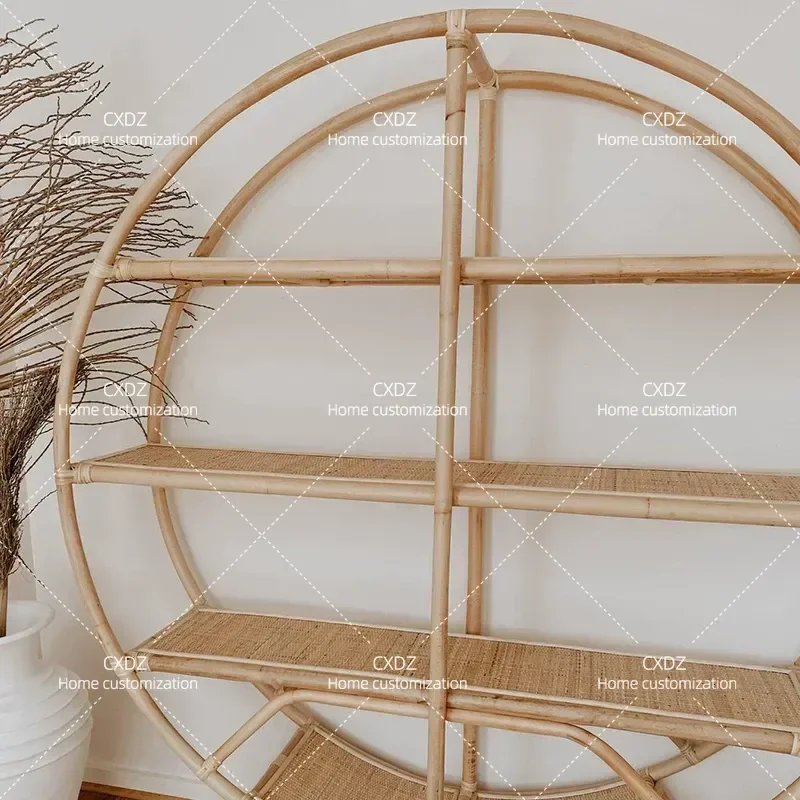 Round Rattan Floor Shelf New Chinese Style Zen Living Room Storage Stand Vintage Woven Display Rack Home Decor