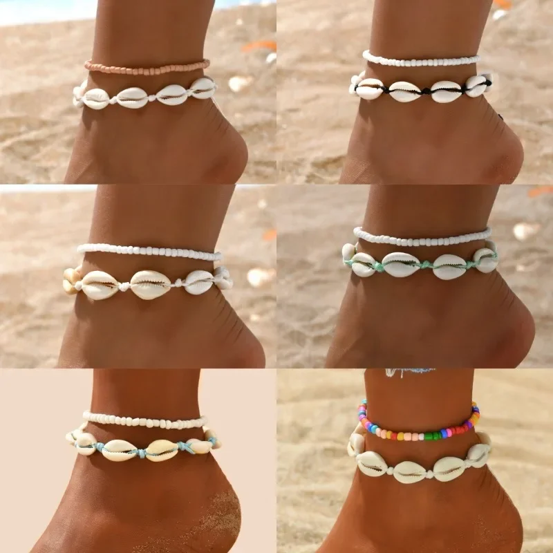 2Pcs Shell Anklets for Women 2024 New Foot Jewelry Summer Beach Barefoot Bracelet Ankle on Leg Female Boho Accessories