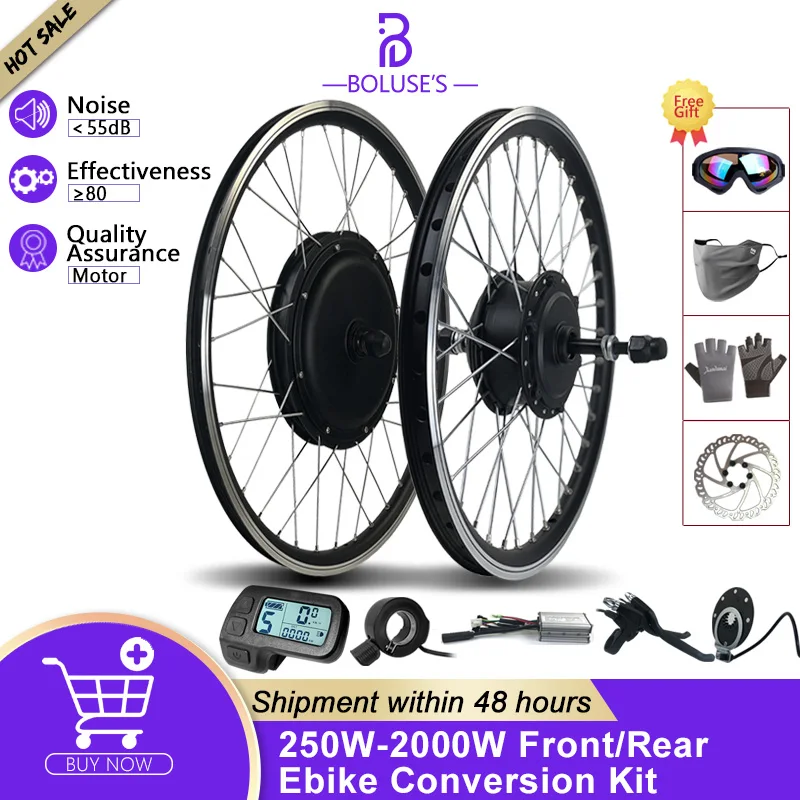 Kit de conversión de bicicleta eléctrica, Motor de cubo de rueda delantera y trasera de 16-29 pulgadas, 250W-2000W, 36v y 48V