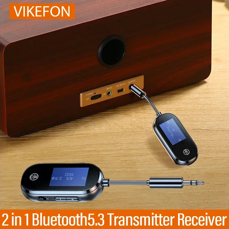 VIKEFON 2 in 1 Bluetooth5.3 Transmitter Receiver 3.5mm AUX Wireless Adapter with Screen Stereo Car Music kit For TV PC Headphone