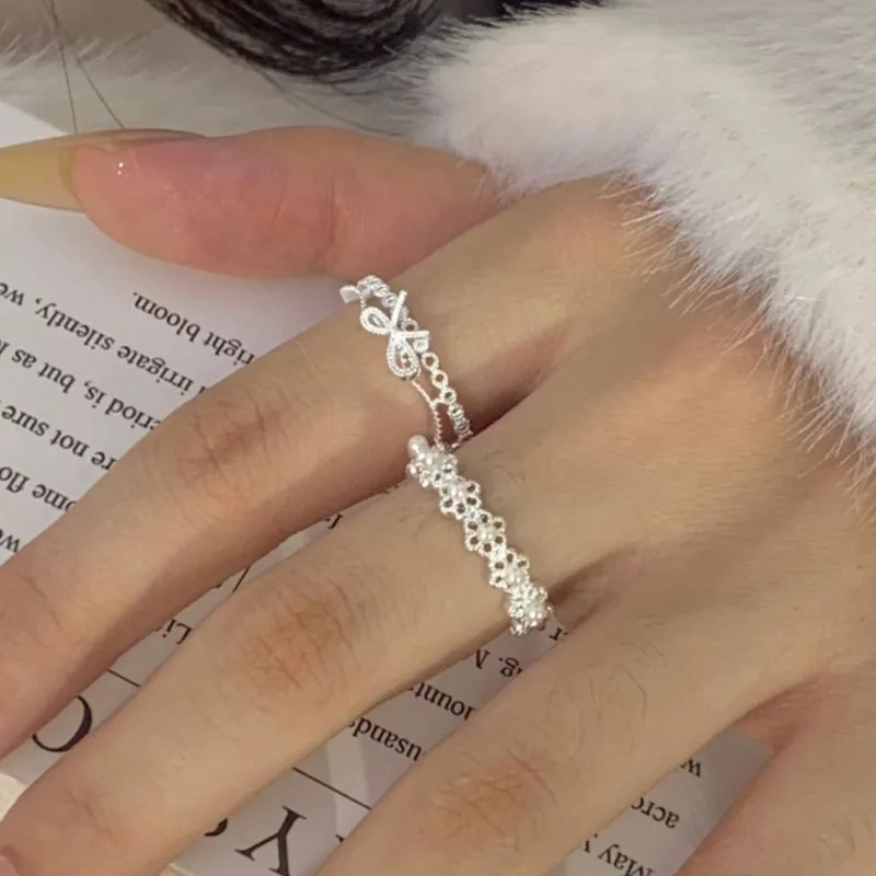 

PANJBJ 925 Sterling Silver Flower Pearl Ring For Women Bowknot Lace Double Layer Exquisite Romantic Jewelry Gift Dropshipping