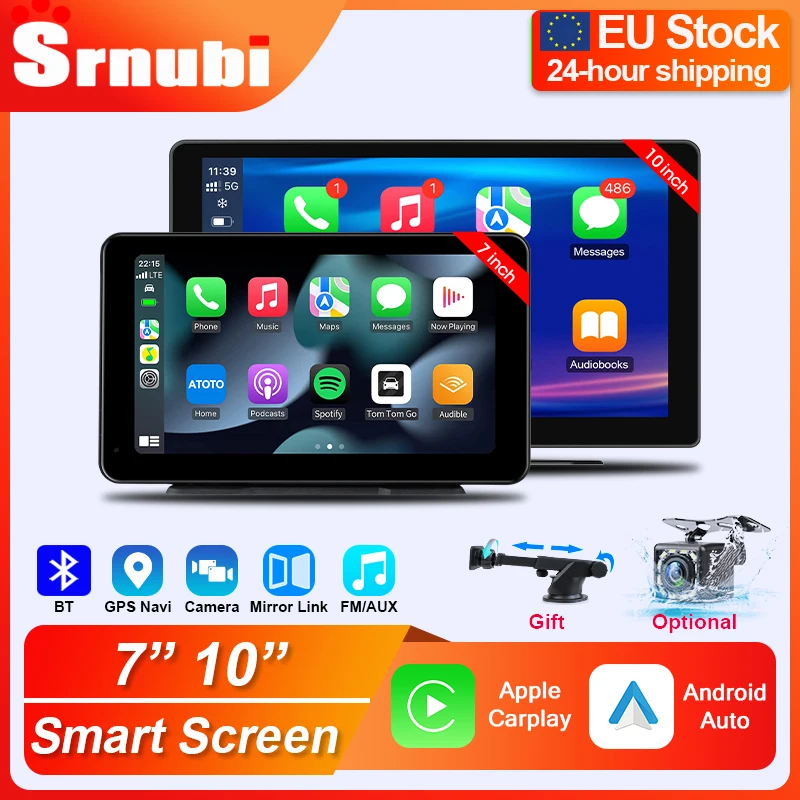 Srnubi universel 7 "10" pouces voiture sans fil Carplay et Android Auto Navigation rétroviseur FM AUX Portable multimédia écran tactile