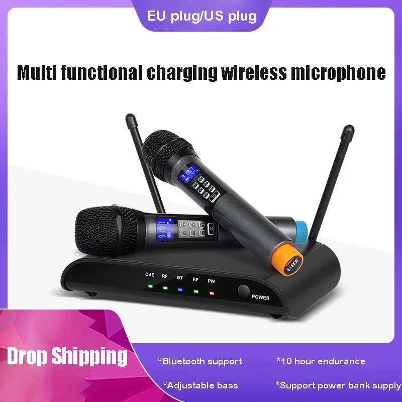 

Dual Wireless Microphone for Karaoke UHF 2 Channel Wireless Microphone System for Party Church Home Professional Handheld Mic