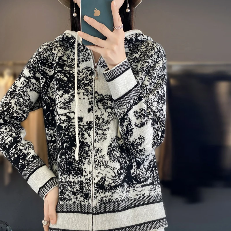 100% wool knitted cardigan women\'s autumn and winter new hooded collar cashmere sweater jacket loose Korean fashion women\'s top